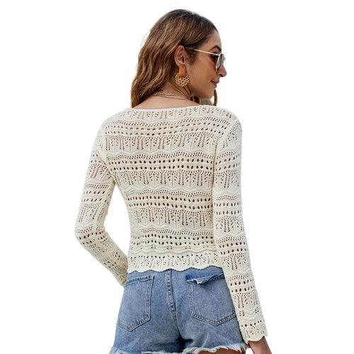 Mandotos International women's long sleeve hollow cutout knit blouse with V-neck, drawstring, and casual pullover design.