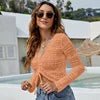 Mandotos International women's long sleeve hollow cutout knit blouse with V-neck and drawstring, casual short pullover for beach and summer wear.