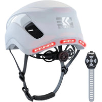 Mandotos International SF-999 smart cycling helmet with Bluetooth earphones, LED turn signals, and adjustable straps.