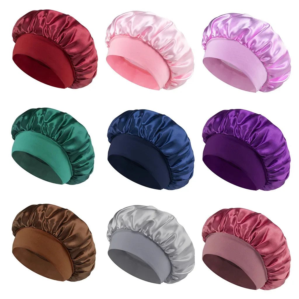 Silk wide-brimmed satin sleeping bonnet for women, designed for hair care and protection during sleep, from MANDOTOS INTERNATIONAL.