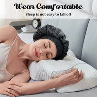 Silk wide-brimmed sleeping bonnet for women, satin hair care bonnet by Mandotos International, soft and comfortable for overnight use.
