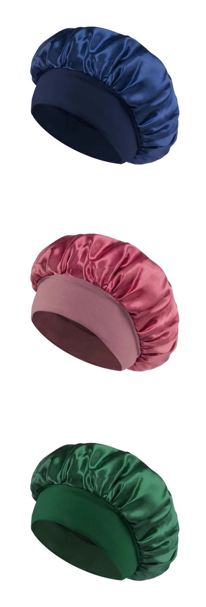 Silk wide-brimmed satin sleeping bonnet for women, designed for hair care and protection during sleep, by MANDOTOS INTERNATIONAL