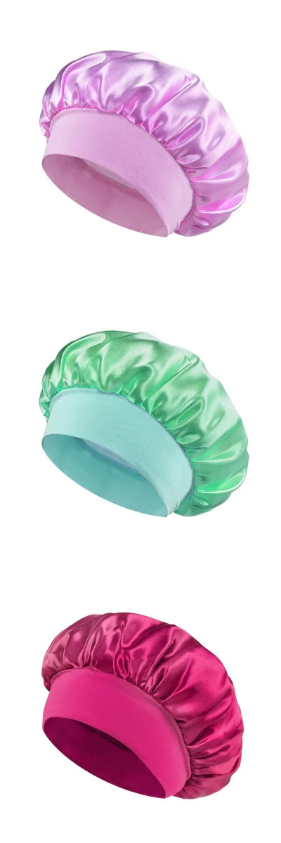 Silk wide-brimmed satin sleep bonnet for women, designed to protect and care for hair during sleep.