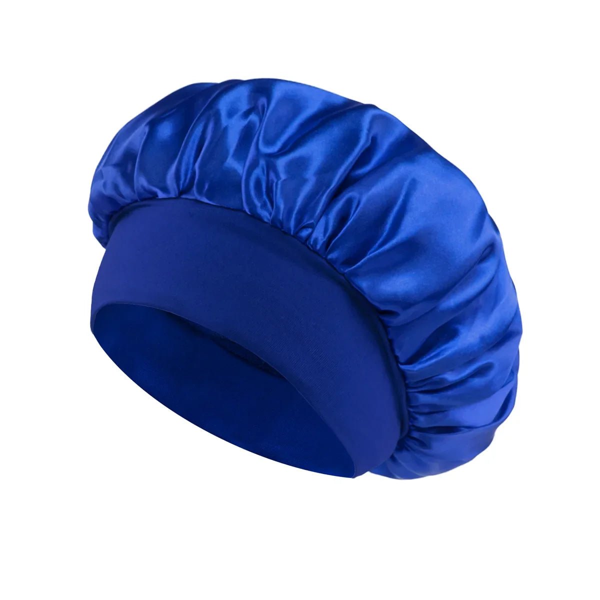Silk wide-brimmed satin sleep bonnet for women, designed for hair care and protection during sleep, by MANDOTOS INTERNATIONAL.