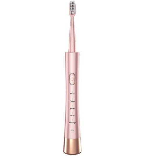 Mandotos International sonic bamboo toothbrush sanitizer with rechargeable travel electric toothbrush for adults, shown in use.