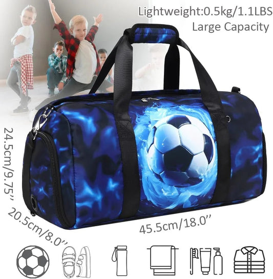 Mandotos International sports duffle bag for boys with wet pocket, shoe compartment, lightweight design, ideal for football and gym activities.