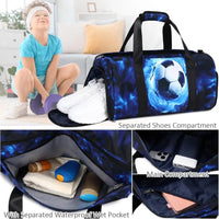 Mandotos International sports duffle bag for boys, football gymnastic gear, wet pocket, shoe compartment, lightning design, travel duffel bag.