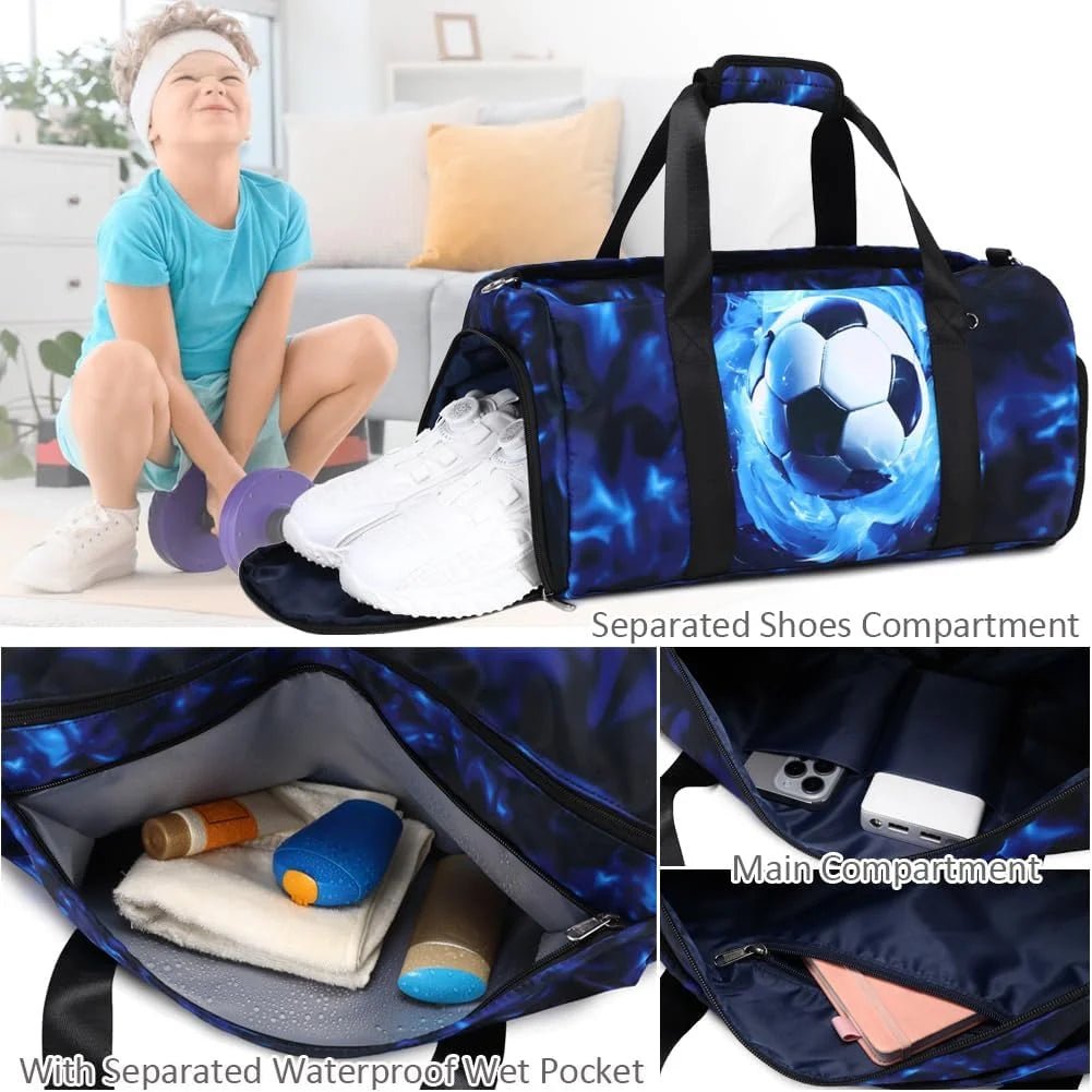 Mandotos International sports duffle bag for boys, football gymnastic gear, wet pocket, shoe compartment, lightning design, travel duffel bag.