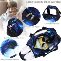 Mandotos International boys' sports duffle bag with wet pocket, shoes compartment, and lightning design for football and gym activities.