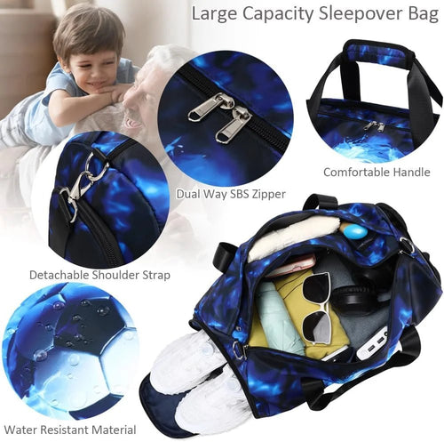 Mandotos International boys' sports duffle bag with wet pocket, shoes compartment, and lightning design for football and gym activities.