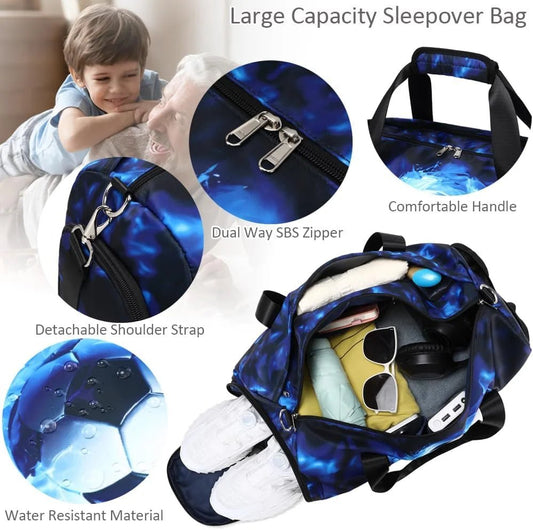Mandotos International boys' sports duffle bag with wet pocket, shoes compartment, and lightning design for football and gym activities.