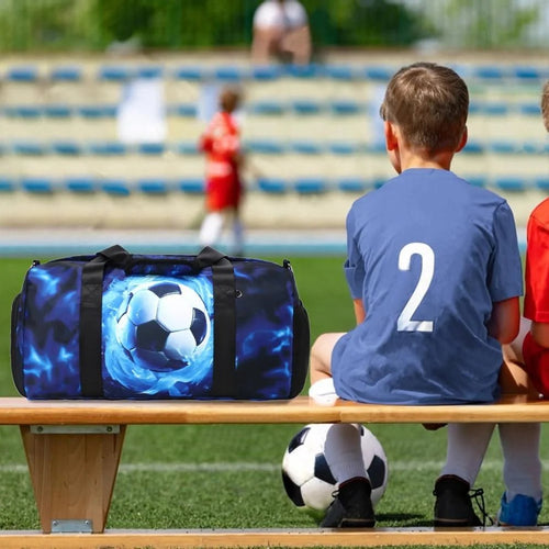 Mandotos International sports duffle bag for boys, football and gymnastic bag with wet pocket, shoes compartment, and lightning travel design.