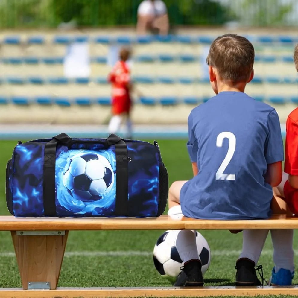 Mandotos International sports duffle bag for boys, football and gymnastic bag with wet pocket, shoes compartment, and lightning travel design.