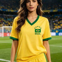 Women's Brazil National Team sports jersey T-shirt with sporty graphic print by Mandotos International.