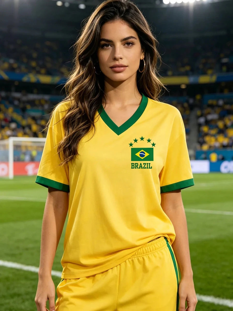 Women's Brazil National Team sports jersey T-shirt with sporty graphic print by Mandotos International.