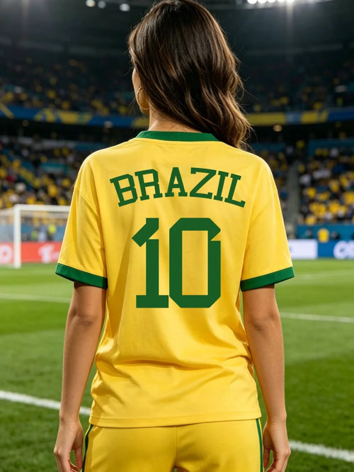 Women’s Brazil National Team sports jersey T-shirt by Mandotos International with sporty graphic print and aesthetic design.