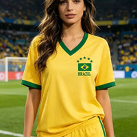 Women's Brazil National Team aesthetic jersey T-shirt with sporty graphic print by Mandotos International, featuring team colors and design.