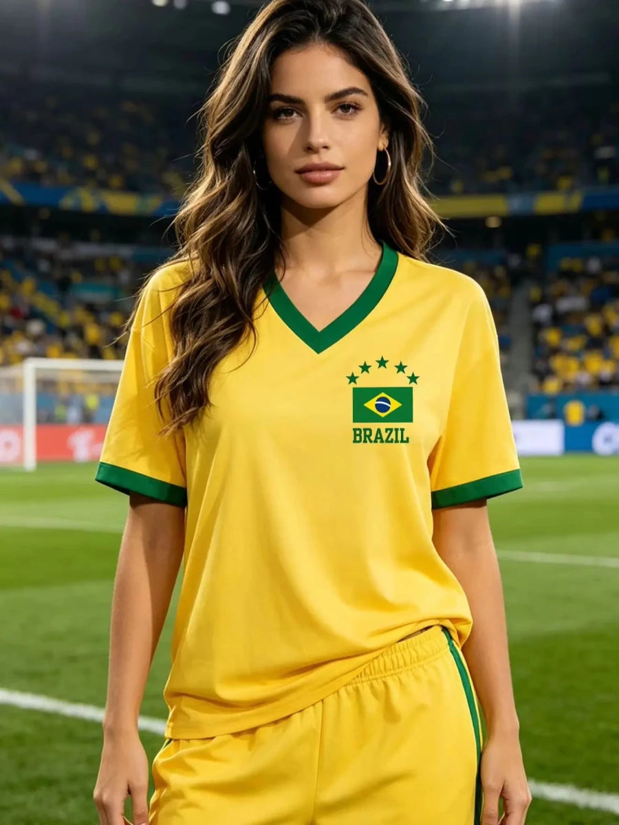 Women's Brazil National Team aesthetic jersey T-shirt with sporty graphic print by Mandotos International, featuring team colors and design.