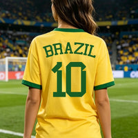 Women's Brazil national team sport jersey T-shirt by Mandotos International with sporty graphic print and aesthetic design.