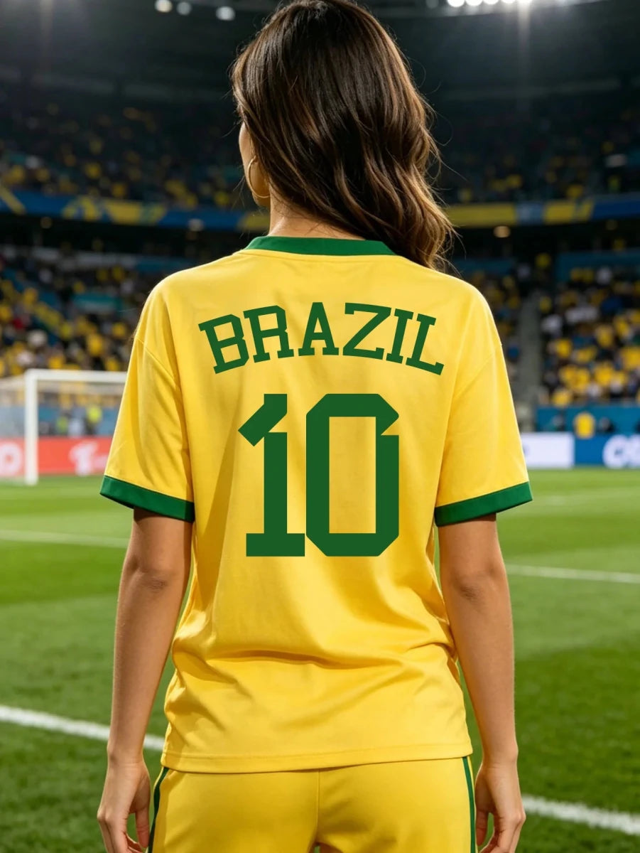 Women's Brazil national team sport jersey T-shirt by Mandotos International with sporty graphic print and aesthetic design.