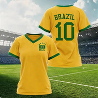 Women's Brazil National Team sporty graphic print jersey t-shirt by Mandotos International, featuring bold team-inspired design.