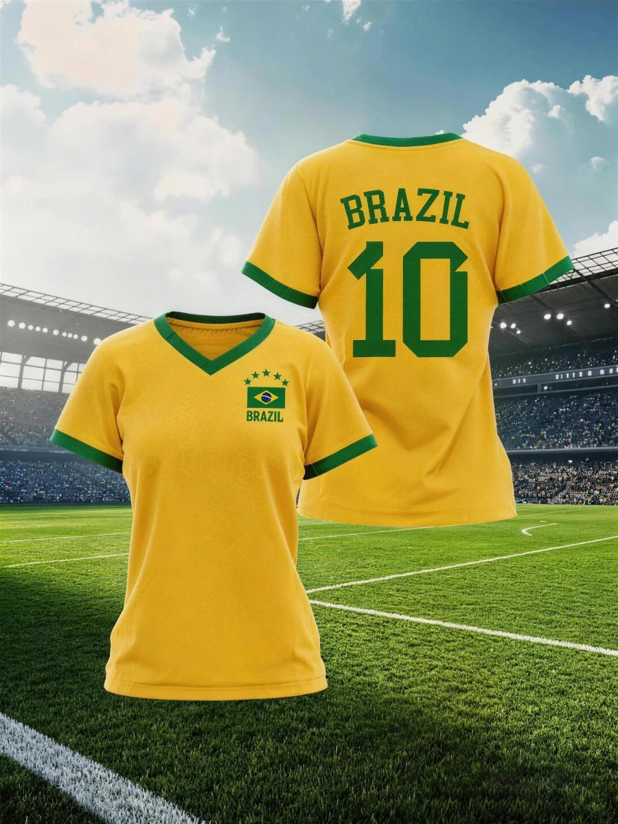 Women's Brazil national team aesthetic jersey T-shirt by Mandotos International with sporty graphic print and team logo.