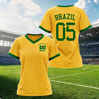Women's Brazil National Team sporty graphic print jersey t-shirt by Mandotos International, athletic and stylish for soccer fans.