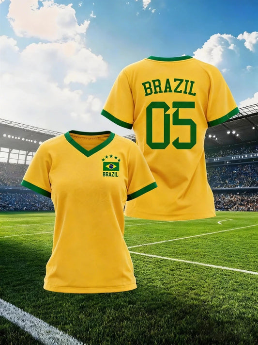 Women's Brazil National Team sporty graphic print jersey t-shirt by Mandotos International, athletic and stylish for soccer fans.