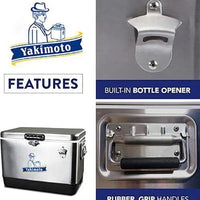 Stainless steel cooler box by MANDOTOS INTERNATIONAL, portable travel and camping ice bucket for outdoor parties and gatherings.
