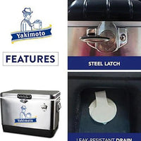 Mandotos International stainless steel cooler box for travel, camping, and parties, featuring a portable ice bucket design.