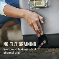 Mandotos International stainless steel cooler box for travel, camping, and parties, featuring a portable ice bucket design.