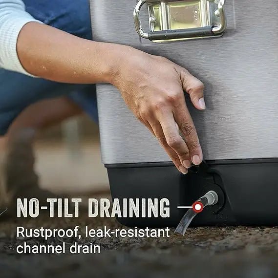 Mandotos International stainless steel cooler box for travel, camping, and parties, featuring a portable ice bucket design.