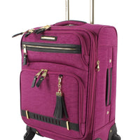 Steve Madden 28-inch softside spinner luggage by Mandotos International showing lightweight, expandable design with wheels and handle.