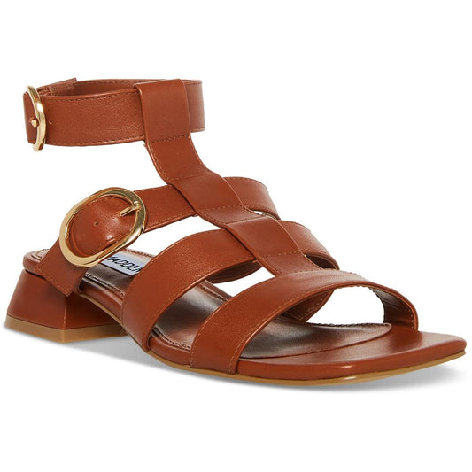 Steve Madden Aylin Cognac heeled sandal with ankle strap and stacked heel, size 7.5, by MANDOTOS INTERNATIONAL.