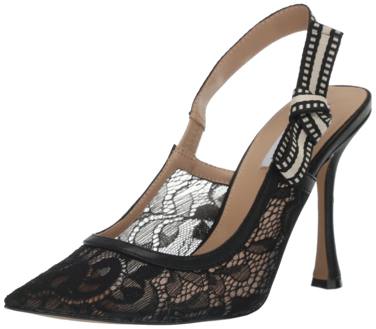 Steve Madden BRI black lace stiletto shoe, size 6.5, featuring elegant lace details and a sleek high heel.