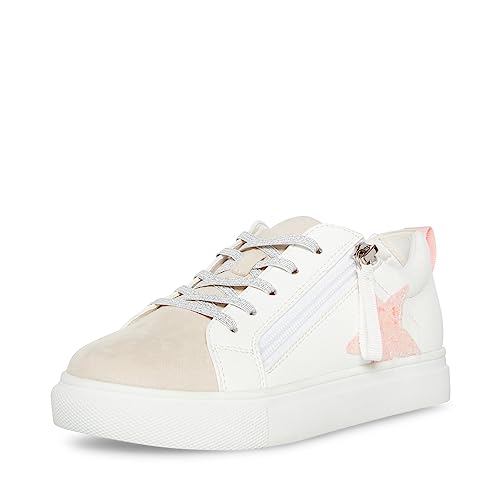 Steve Madden girls' adaptive Rezume sneaker in white and multi-color for big kids, featuring comfortable design and stylish look.