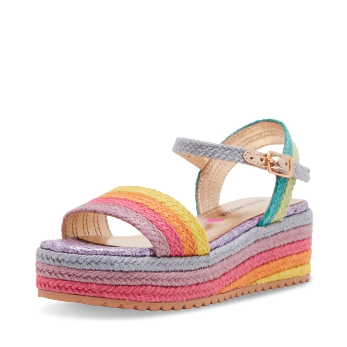 Steve Madden Kids Cleo Rainbow Wedge sandal with colorful rainbow design and wedge heel, perfect for children's summer style.