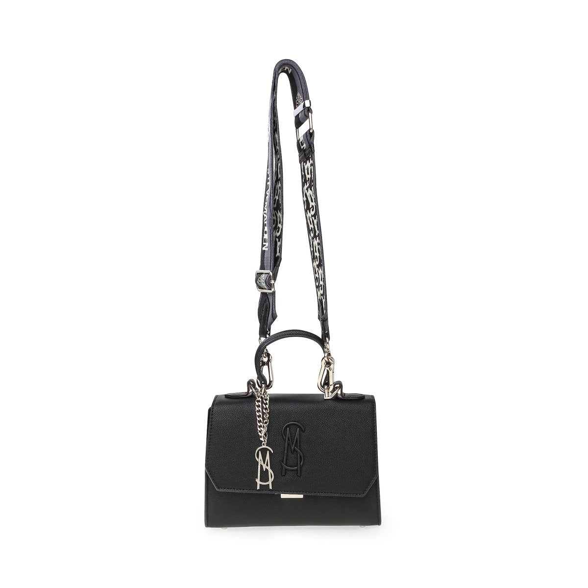 Steve Madden LATTUCA black crossbody tote bag with adjustable strap and spacious interior, designed for everyday use.