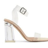 Steve Madden Lucid Dream heel sandal with clear strap and stiletto heel, shown from side view.