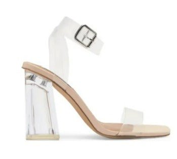 Steve Madden Lucid Dream heel sandal with clear strap and stiletto heel, shown from side view.