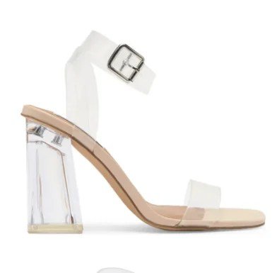 Steve Madden Lucid Dream heel sandal with strappy design and block heel, featuring beige and black color accents.