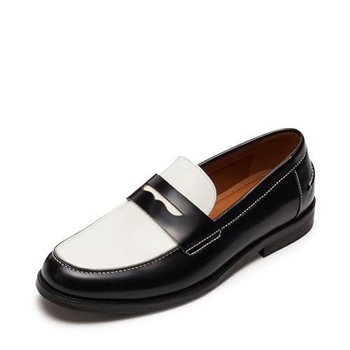Steve Madden Natan men's leather loafers in black and white, size 8.5, featuring classic slip-on design and stylish detailing.