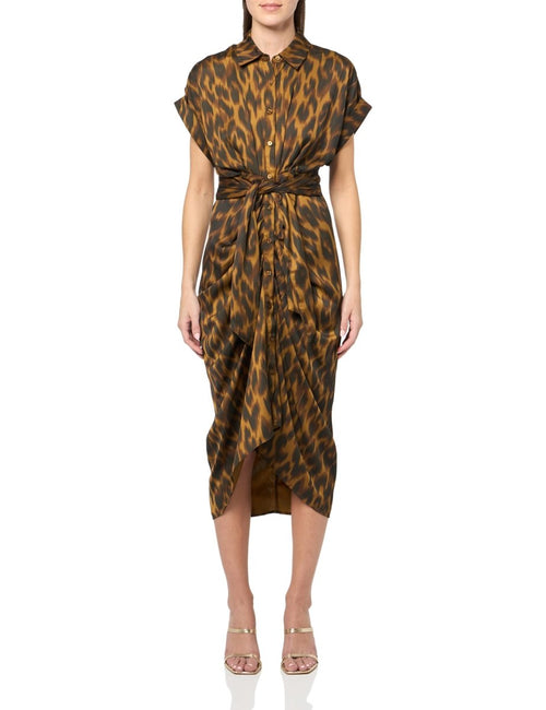 Steve Madden Satin Tori Shirtdress in toffee color, silky fabric and button-down style, styled with a collar and long sleeves.