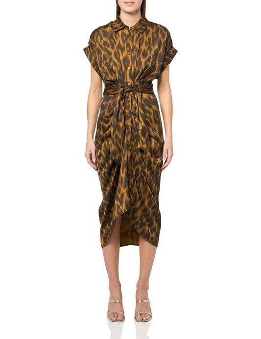 Steve Madden Satin Tori Shirtdress in toffee, featuring a silky fabric and classic shirt design, styled as shown in the image.