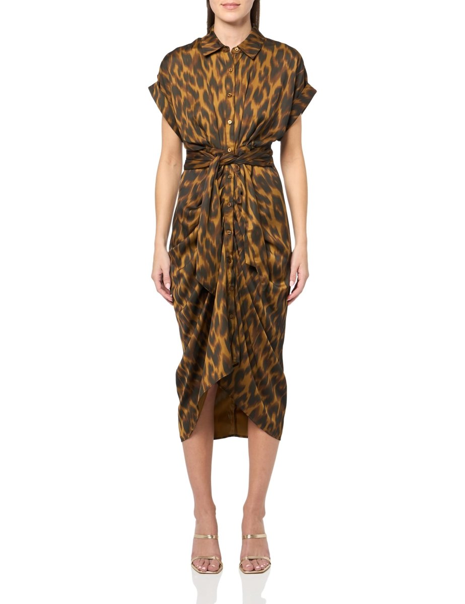 Steve Madden Satin Tori Shirtdress in toffee, featuring a silky fabric and classic shirt design, styled as shown in the image.