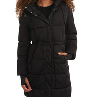 Steve Madden women's black long puffer coat with hood, X-large size, stylish and warm winter outerwear by Mandotos International.