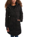 Steve Madden women's black long puffer coat with hood, X-large size, stylish and warm winter outerwear by Mandotos International.