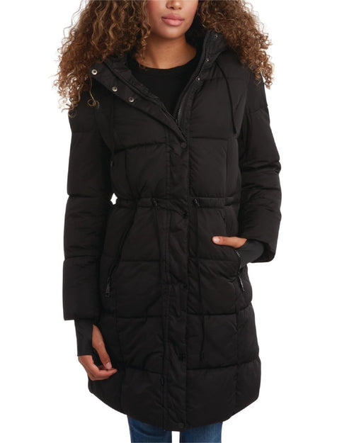 Steve Madden women's black long puffer coat with hood, X-large size, stylish and warm winter outerwear by Mandotos International.