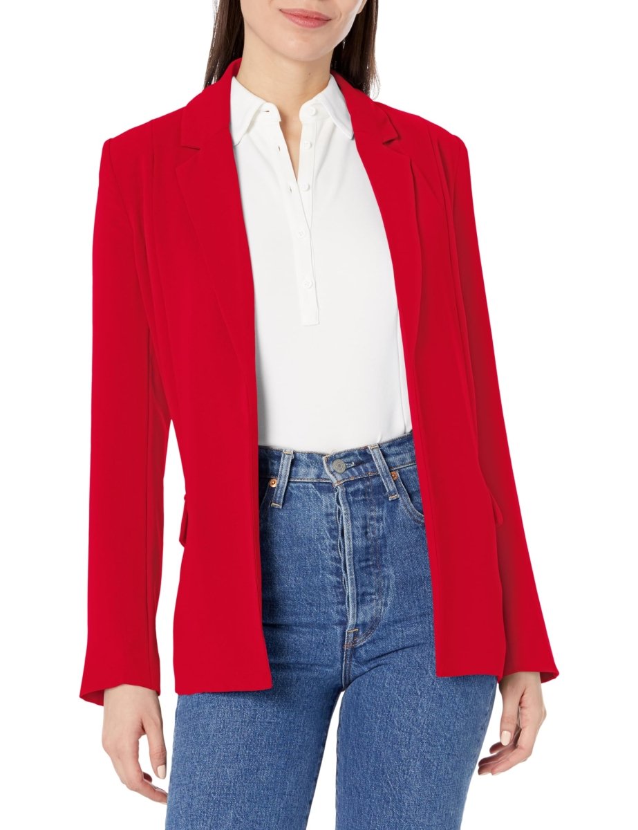 Steve Madden women's Payton classic blazer in true red, tailored fit with lapel collar and long sleeves, ideal for stylish formal wear.