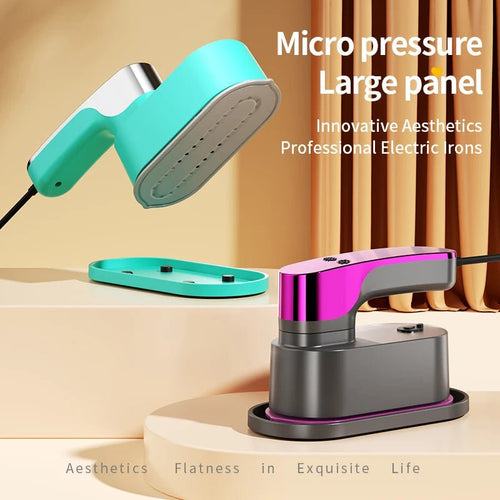 Mandotos International handheld travel clothing iron with pressurized steam and folding design for fast, efficient ironing at home or on the go.